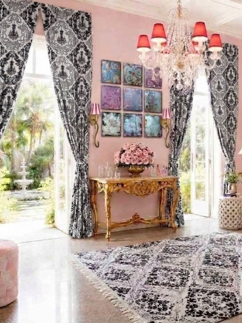 Black White Chandelier Damask Cotton Curtain Panels - Pair of 2